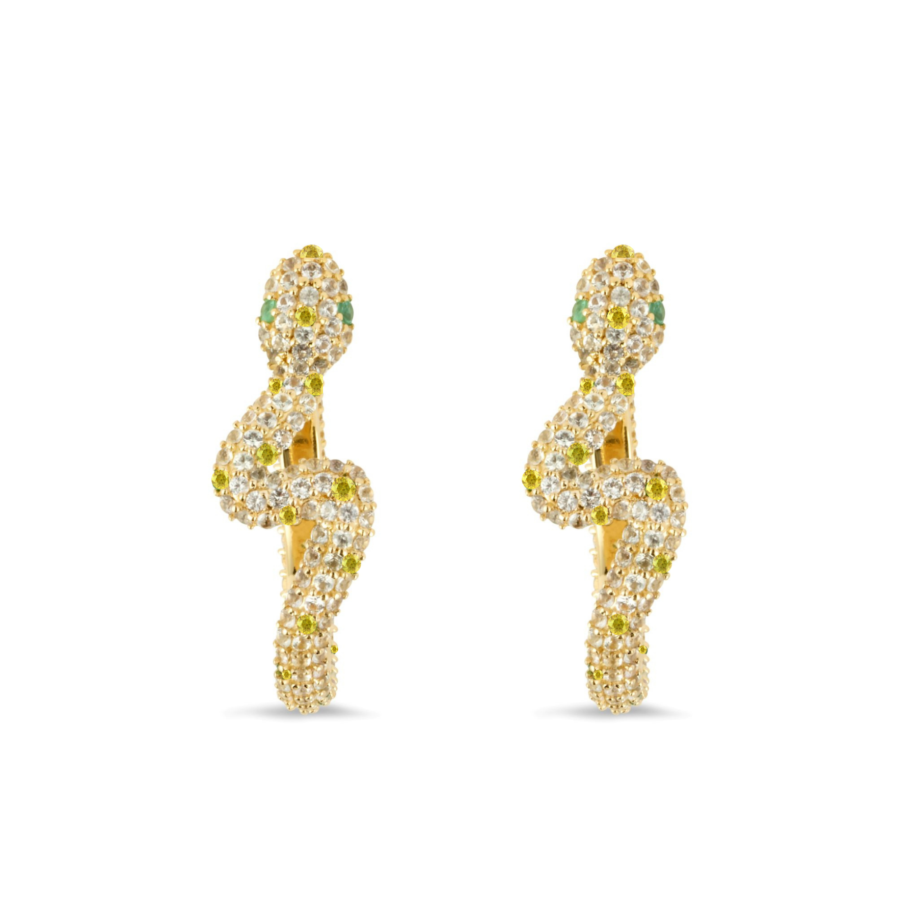 Sarpe Diamond,  Yellow Sapphire & Zambian Emerald Snake Hoop Earrings