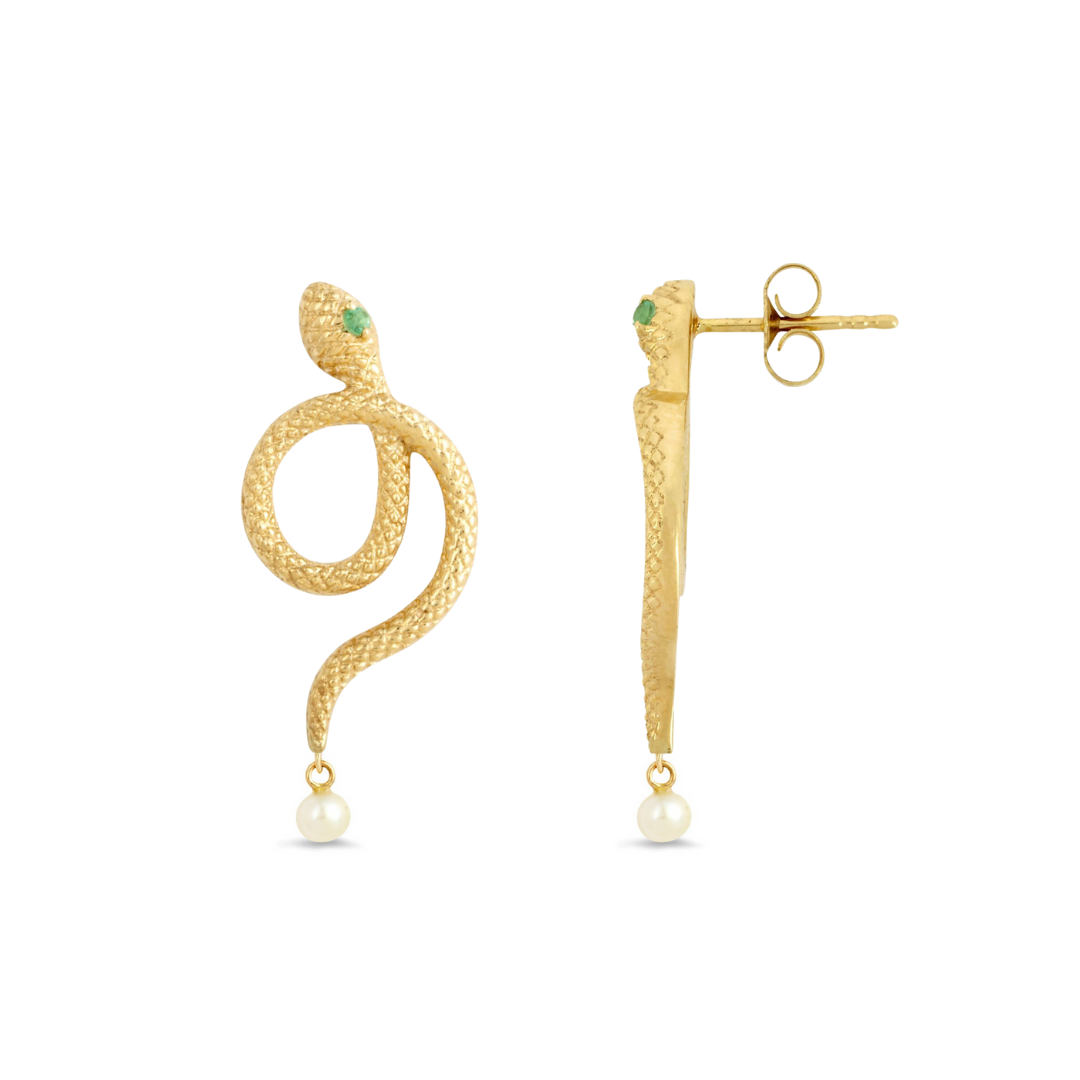 Sarpe Zambian Emerald & Pearl Snake Drop Earrings